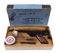 A West German EM-GE .177 air pistol, model no. LP3a, in original cardboard box.Condition ReportThe