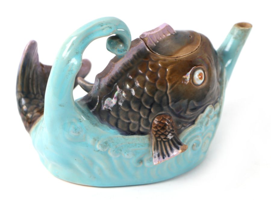 A late Victorian Brownfield majolica teapot and cover in the form of a fish jumping out of the - Image 2 of 7