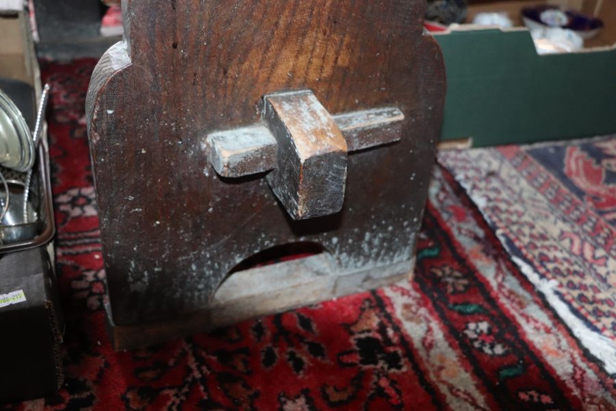 A large 17th century style oak refectory table with four plank top, on trestle supports joined by - Image 10 of 20