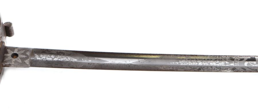 A Victorian cavalry officer's sword with wire bound grip, engraved blade and steel scabbard, 98cms - Image 7 of 8