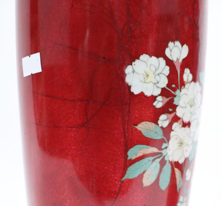 A pair of large Japanese cloisonne vases decorated with birds and flowers, on a red ground, 38cms - Image 4 of 6