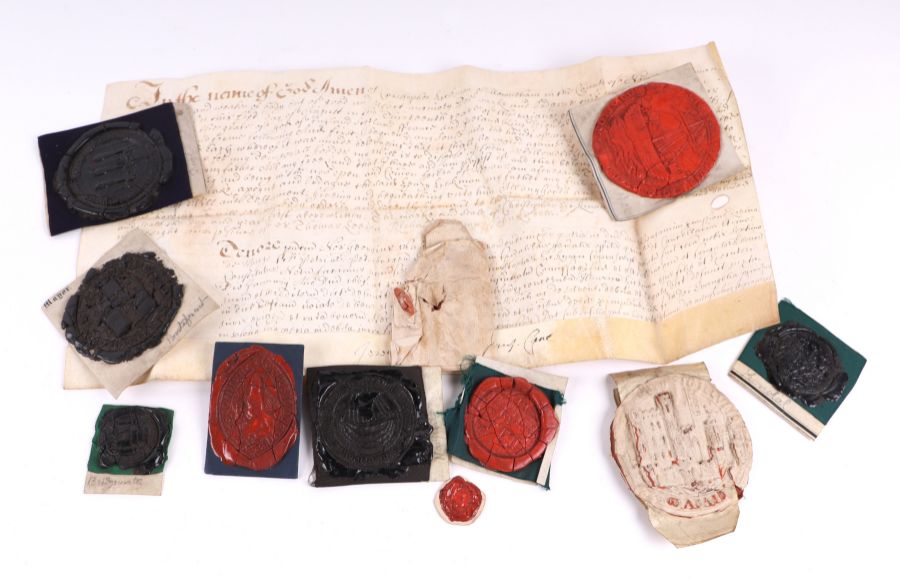 A collection of wax town seal impressions; together with a 17th century Probate document on vellum.