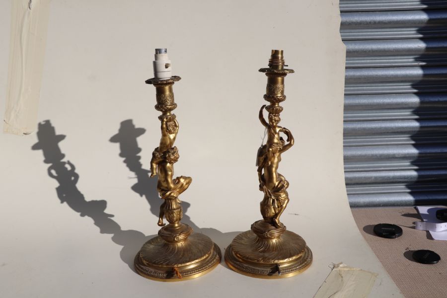 A pair of gilt bronze figural table lamps, the columns in the form of neo-classical figures, each - Image 6 of 7
