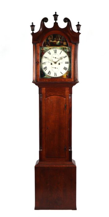 An oak longcase clock, the 30cm square arched painted dial with Roman numerals and subsidiary