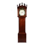 An oak longcase clock, the 30cm square arched painted dial with Roman numerals and subsidiary