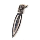 A modern sterling silver bookmark with dog's head finial, 3g, 5cms long.