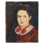 Victorian school - Portrait of a Young Girl Wearing a Red Dress - oil on canvas, unframed, 30 by