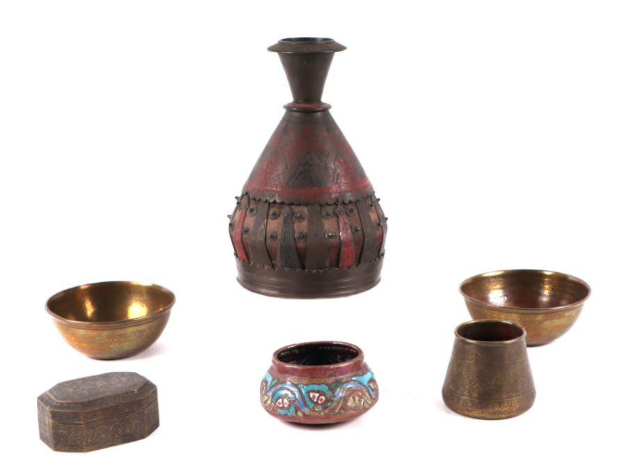 A small collection of Indian metal wares to include a pair of rice bowls, 13cms diameter; an