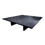 A JNL Collection large stained bamboo low coffee table, 158 by 158cms.