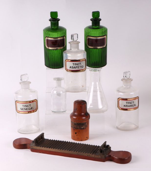 A quantity of Victorian chemist jars to include a pair of green glass poison jars for 'Liq Hyd