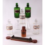 A quantity of Victorian chemist jars to include a pair of green glass poison jars for 'Liq Hyd