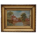 Early 20th century school - Study of a Mill Pond - oil on canvas, framed, 25 by 17cms.