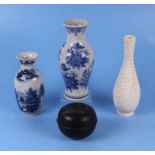 A Chinese crackle glaze blue & white baluster vase, 24.5cms high; together with another similar,
