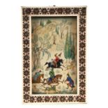 Persian school. A small painted panel depicting a landscape scene, archers on horseback and a dog,