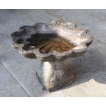 A reconstituted stone shell shaped bird bath, 55cms wide.