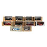 Ten Brumm 1/43 scale diecast cars including 1933 Bugatti type 59, Jaguar XK120 Coupe, 1928 Bentley