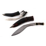 A kukri with horn handle and leather scabbard, 42cms long; together with another similar, 4cms
