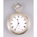 A nickel cased open faced pocket watch, the white enamel dial with subsidiary seconds dial,