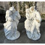 A pair of reconstituted stone figural groups depicting courting couples, each approx 80cms high (