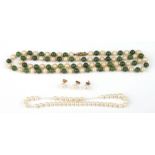 A faux pearl and jade or hardstone bead necklace with 9ct gold clasp; together with three pearl stud