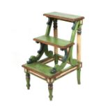 A pair of Regency style distressed painted three-tier library steps, 45cms wide.