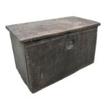 A 17th century elm six-plank coffer of small proportions, 70cms wide.Condition ReportThe candle