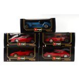 Five Bburago 1/18 scale diecast vehicles comprising two 88GTO Ferrari Testarossa, Ferrari 348TB,