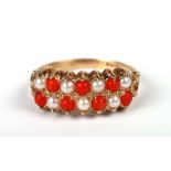 A 9ct gold coral and pearl set ring, approx UK size 'O', 2.5g.