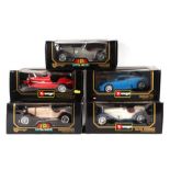 Five Bburago 1/18 scale metal diecast cars comprising Bugatti, an EB110, Alpha Romeo, 8C Monza, Alfa