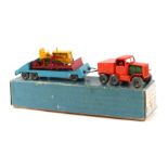 An early and scarce Lesney Moco large scale Prime Mover trailer and bulldozer set, comprising orange