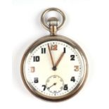 A military open faced pocket watch, marked Bravingtons GSTP M38796 and broad arrow mark, 5cms