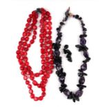 A Three-strand coral necklace; together with an amethyst pebble necklace (2).