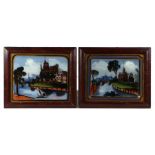 A pair of continental reverse paintings on glass depicting river scenes, framed, each 27 by 22cms (