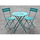 A Bistro or patio garden set comprising circular folding table, 59cms diameter; and two matching