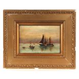 Victorian school - Fishing Boats on a Calm Sea - oil on canvas, framed, 22 by 15cms.