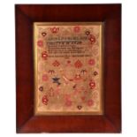A Victorian sampler with alphabet, Lord's Prayer, flowers and insects by 'Sarah Robinson Aged 10,