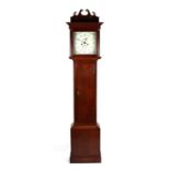 An oak cased longcase clock, the 30cms painted square dial with Arabic numerals, date aperture and