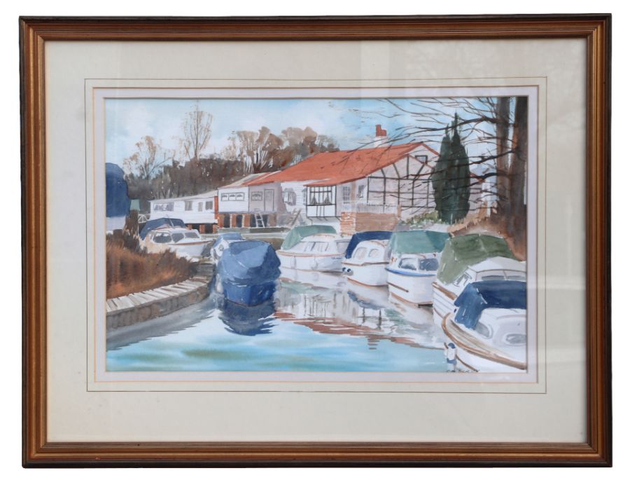 David Crick (modern British) - Weysend, Moored Boats - signed lower right, watercolour, framed &