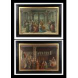 After Botticelli - a pair of coloured prints depicting figures in medieval dress, framed & glazed,