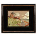 An early 20th century Dutch needlework panel depicting figures on a coastal path with a windmill