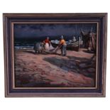 English school - Fisherman and Women Tending Their Nets on the Foreshore - oil on board,