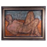 20th century modern British - Reclining Nude - mixed media laid down on paper, indistinctly signed