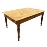A Victorian pine farmhouse table with single frieze drawer, on turned legs, 102 by 149cms;