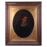 F Heath (Victorian school) - Portrait of a Young Girl with a Red Ribbon in her hair - oval, signed &