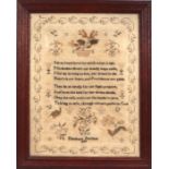 A George IV sampler with verse and flowers by 'Elizabeth Belcham 1824', within a meandering