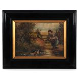 Victorian school - Young Girl by a Pond with Ducks - oil on canvas, framed, 25 by 17cms