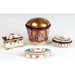 A continental porcelain box and cover decorated with classical figures, 9.5cms high; together with