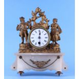 A late 19th / early 20th century continental gilt spelter figural mantle clock, the white enamel