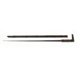 A bamboo sword stick with triangular tapering steel blade, overall 96cms long, blade length 78cms.