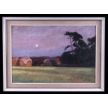 20th century British school - A Nocturnal Landscape with Farm Buildings and a Hay Rick in the